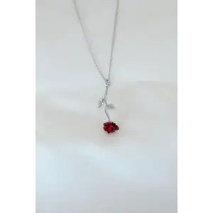Kadın Kolye Gümüş Kaplama Kırmızı Gül Figürlü