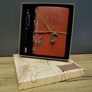 Özel Tasarım Pusula Baskılı Deri Defter Kalem Seti
