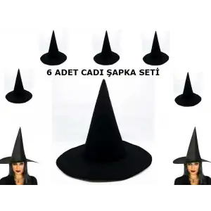 Cadı Şapkası Siyah Keçe Yetişkin Boy 6 Adet