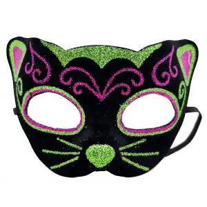 Maske Siyah Kadife Kaplama Üzeri Pembe Yeşil Sim İşlemeli Kedi si 20x13 cm