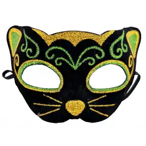 Maske Siyah Kadife Kaplama Üzeri Sarı Yeşil Sim İşlemeli Kedi si 20x13 cm