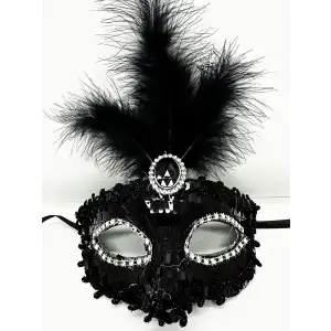Maske Siyah Renk Payetli Pullu Tüylü Parti si 17x20 cm