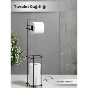 Metal Siyah Standlı Yedek Hazneli Tuvalet Kağıtlığı