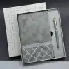 Şık Hediyelik Defter Kalem Seti Gri Desenli Kutu ile