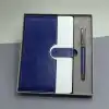 Defter Mavi Beyaz Deri Kapaklı Ve Metal Kalem Set