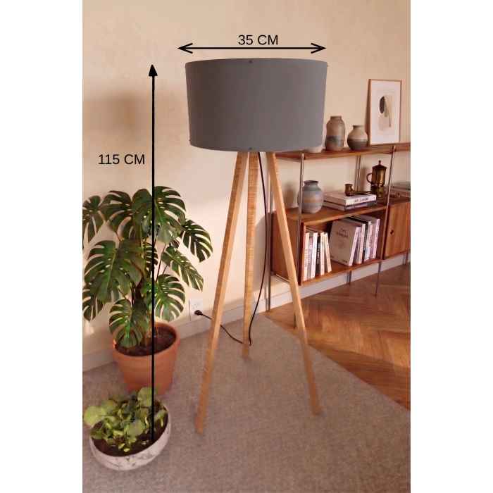 3 Ayaklı Tripod Lambader Antrasit Gri Kumaş Başlık