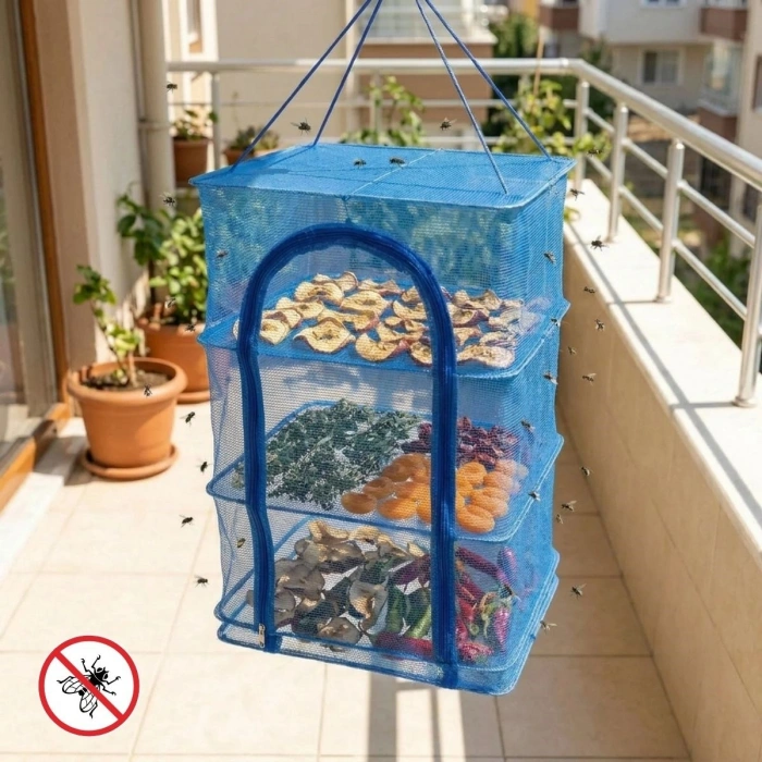 Sebze ve Meyve Kurutma Filesi 3 Katlı Fermuarlı Askılı 45x45 Santimetre 56 Santimetre Uzunluk