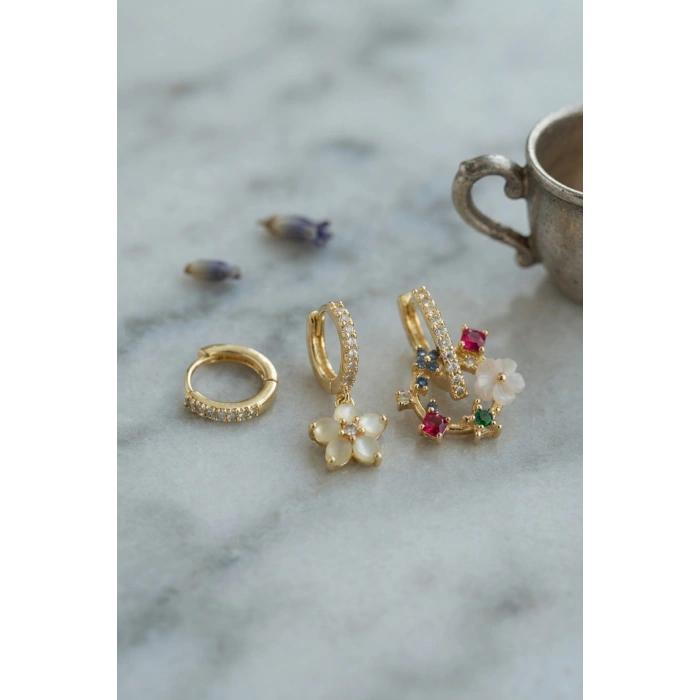 3 lü Set Gold Renk Çiçek Model Küpe TJ-BKP11964
