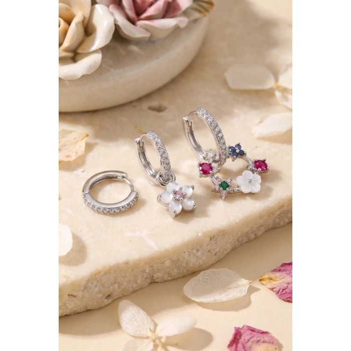 3 lü Set Gümüş Renk Çiçek Model Küpe TJ-BKP11963