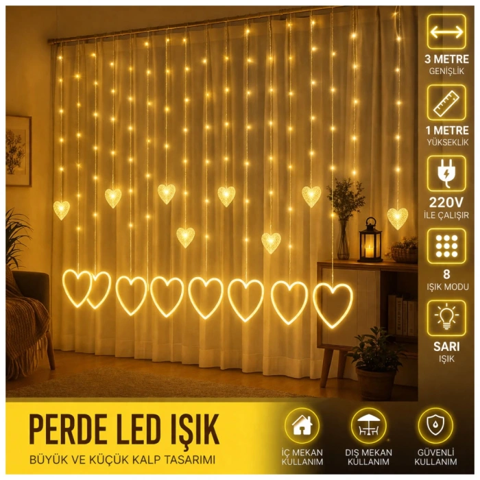 3 Metre 8 Modlu Kalp Perde LED Işık - Sarı (Sıcak Beyaz) Işık Dekoratif Işıklandırma Oda Dekoru