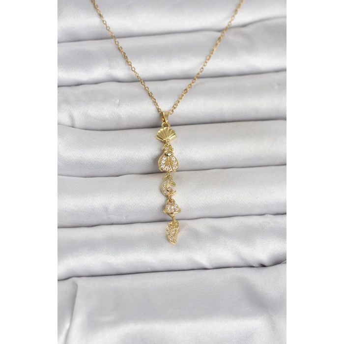 316L Çelik Gold Renk Deniz Temalı Y Model Zirkon Taşlı Kadın Kolye TJ-BKO11051