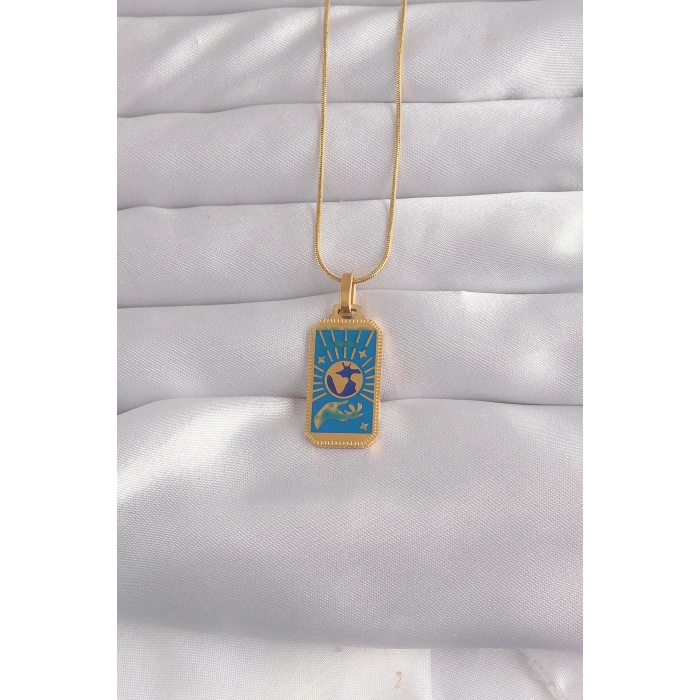 316L Çelik Gold Renk Mavi Mineli El Figür Tarot Kolye TJ-BKO9040