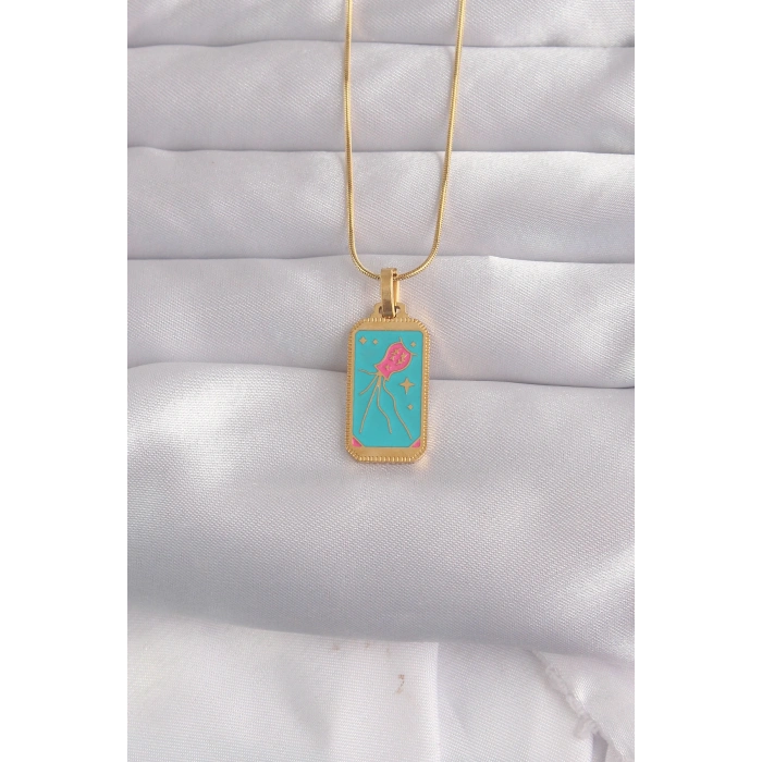 316L Çelik Gold Renk Mavi Mineli Tarot Kolye TJ-BKO9030