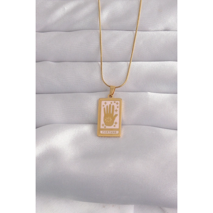 316L Çelik Gold Renk Pembe Mineli El Figür Tarot Kolye TJ-BKO9031