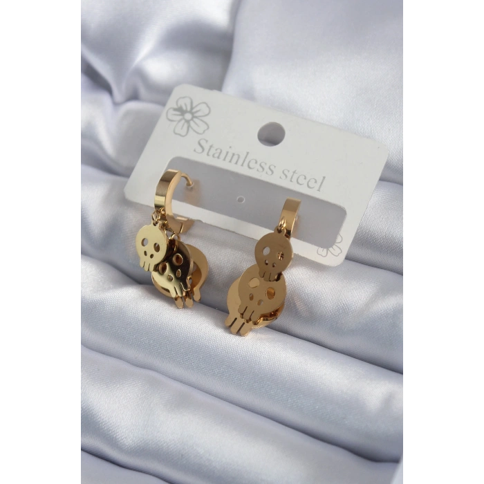 316L Çelik Gold Renk Sallantı Kuru Kafa Model Kadın Küpe TJ-BKP7974
