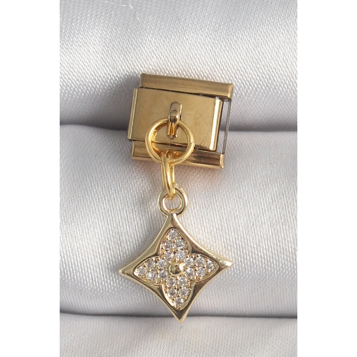 316L Çelik Gold Renk Sallantı Zirkon Taşlı Çiçek İşlemeli Nomination Charm TJ-BC1355