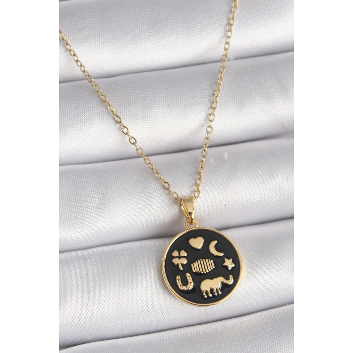 316L Çelik Gold Renk Siyah Şans Kolyesi TJ-BKO9547