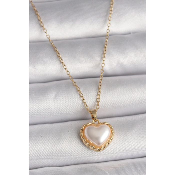 316L Çelik Gold Renk Zincir 3D İnci Kalp Model Kadın Kolye TJ-BKO9713