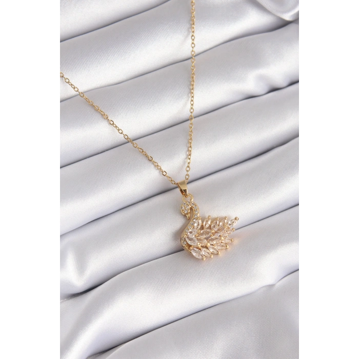 316L Çelik Gold Renk Zirkon Taşlı Kuğu Model Kadın Kolye - TJ-BKO8327