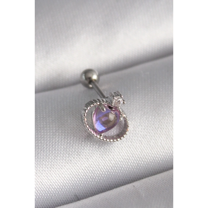 316L Çelik Gümüş Renk Mor Mineli Kalp Zirkon Taş Detay Tragus Piercing TJ-PR1273