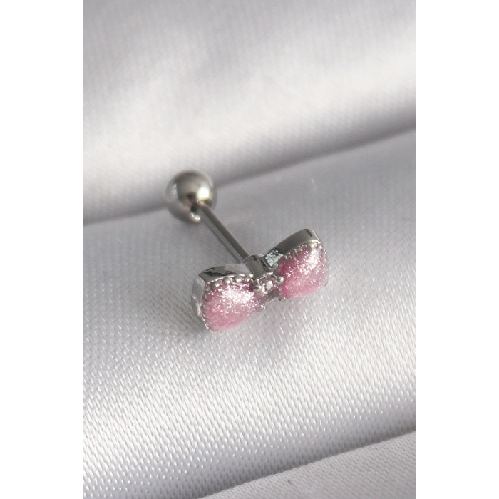 316L Çelik Gümüş Renk Pembe Kurdele Zirkon Taş Detay Tragus Piercing TJ-PR1295
