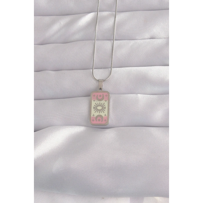 316L Çelik Gümüş Renk Pembe Mineli Ay Figür Tarot Kolye TJ-BKO9045