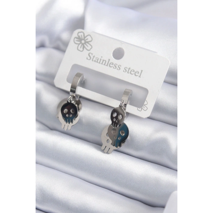 316L Çelik Gümüş Renk Sallantı Kuru Kafa Model Kadın Küpe TJ-BKP7922