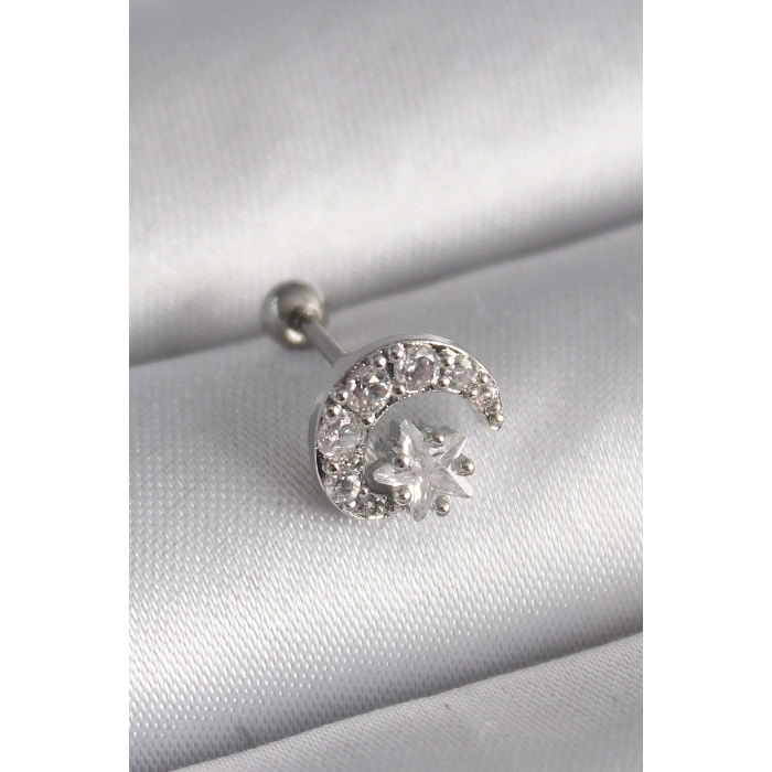 316L Çelik Gümüş Renk Zirkon Taşlı Ay Yıldız Tragus Piercing TJ-PR1257