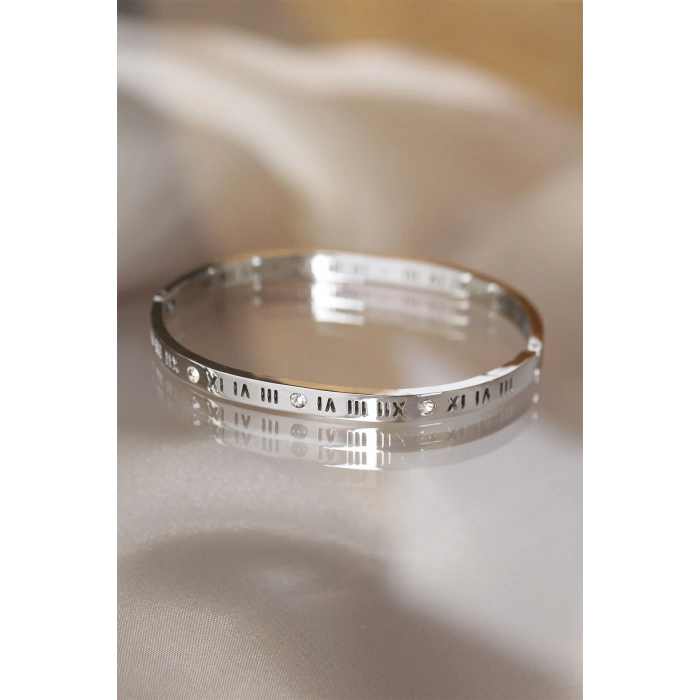 316L Çelik Roma Rakamlı Silver Renk Bilezik Kelepçe TJ-BB3566
