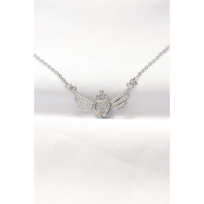 316L Çelik Silver Renk Zirkon Taşlı Kalpli Kanat Kolye TJ-BKO8515
