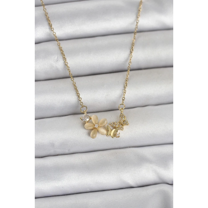 316L Çelik Zincir Gold Renk Çiçek ve Model Kadın Kolye TJ-BKO11038
