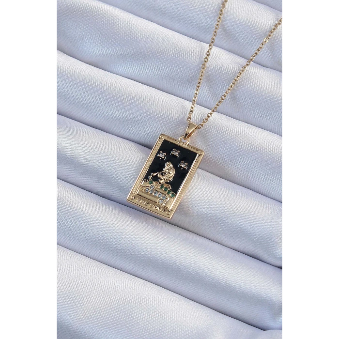 316L Çelik Zincir Renk Zirkon Taşlı Siyah Mineli Kız Figürlü Tarot Kolye TJ-BKO9227