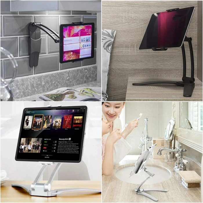Tablet Standı 360 Derece Döner Yapılı Mutfak Masaüstü Telefon Ayarlanabilir Esnek Ayaklı Metal
