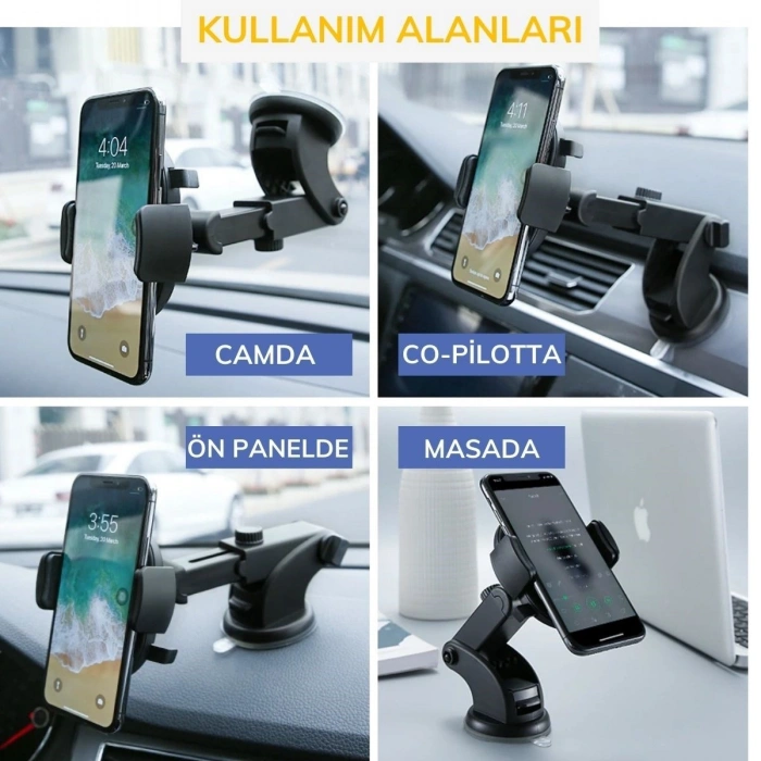 Telefon Standı 360 Derece Dönen Torpido Üstü Uzunluk Ayarlamalı Vantuz Tabanlı Teleskopik Araç