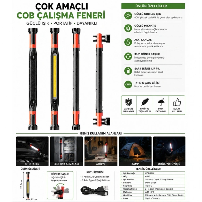 40W COB LED Şarjlı Çalışma Lambası Mıknatıslı Askılı Type-C GS2080