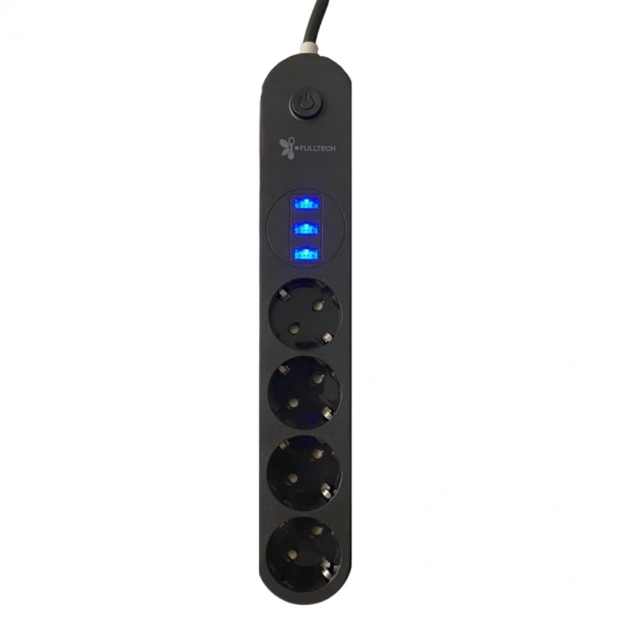 Korumalı Grup Priz 2 Metre 4 Parça Anahtarlı 3 USB Li Akım Korumalı Topraklı Çocuk Siyah