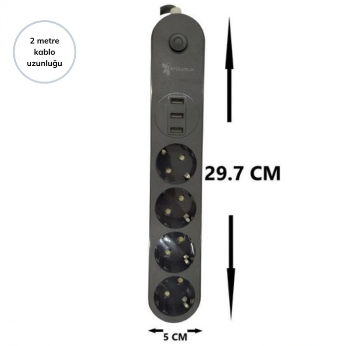 Korumalı Grup Priz 2 Metre 4 Parça Anahtarlı 3 USB Li Akım Korumalı Topraklı Çocuk Siyah