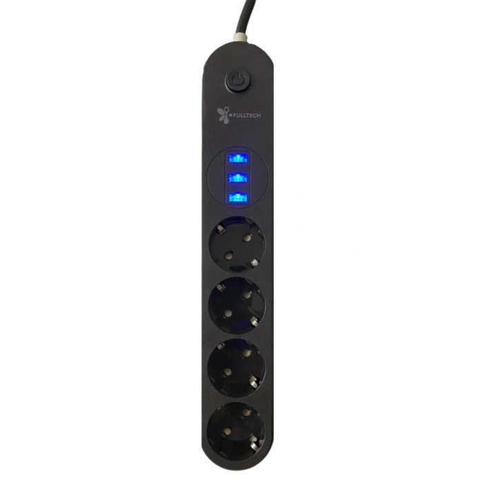Korumalı Grup Priz 2 Metre 4 Parça Anahtarlı 3 USB Li Akım Korumalı Topraklı Çocuk Siyah