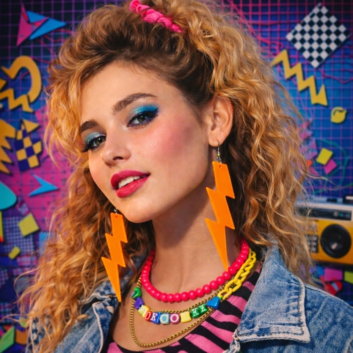 80 ler 90 lar Retro Neon Turuncu Şimşek Küpe 10 cm