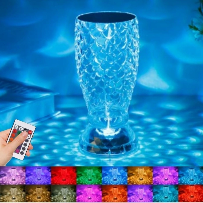 Kristal Akrilik LED Balık Süzgeç Formlu USB Şarj Edilebilir Kumandalı Işık Modlu Masa Üstü