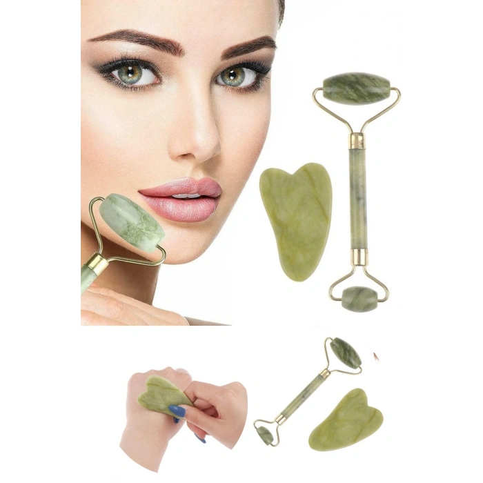 Yeşim Taşı Seti İki Yüzeyli 2 Adet Cilt Yüz Masaj Aleti Jade Roller
