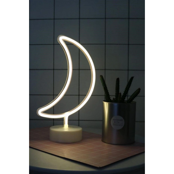 Gece Lambası Dekor Amaçlı Pil İle Çalışan Ay Tasarımlı 3D Neon LED Masa