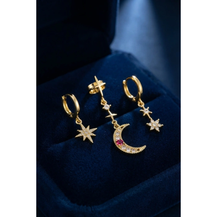 Gold Renk 3 lü Ay ve Yıldız Model Küpe TJ-BKP11966