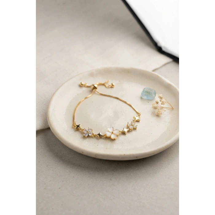 Gold Renk Zirkon Taşlı Pirinç Sedefli Yonca Model Asansörlü Bileklik TJ-BB8842
