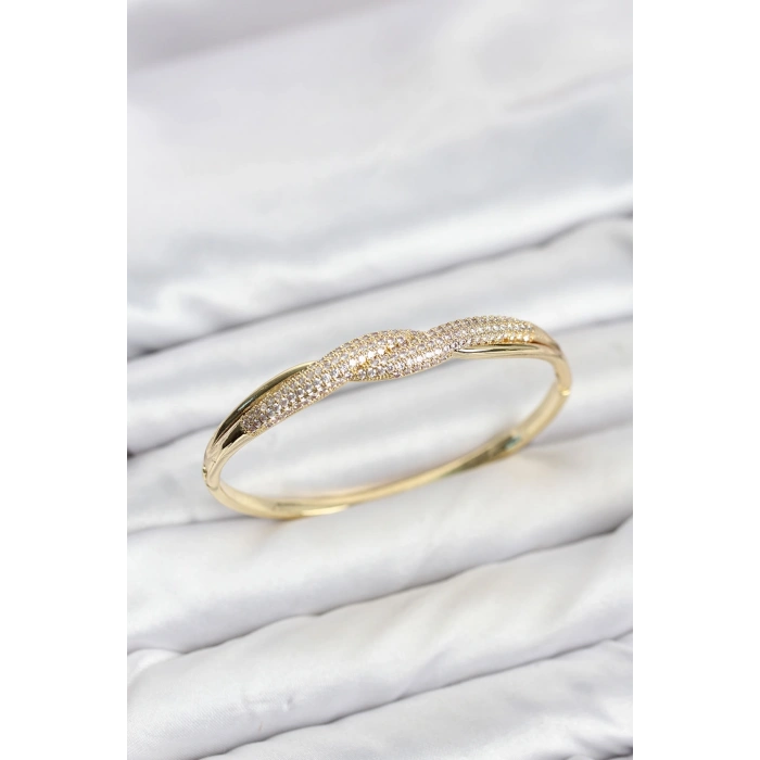 Gold Renk Zirkon Taşlı Sarmal Model Kadın Kelepçe Bileklik TJ-BB8635