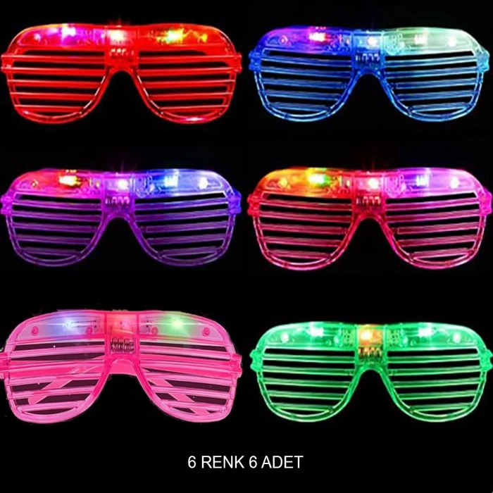 Işıklı Panjur Şeritli Led Parti Gözlüğü 6 Renk 6 lı Set