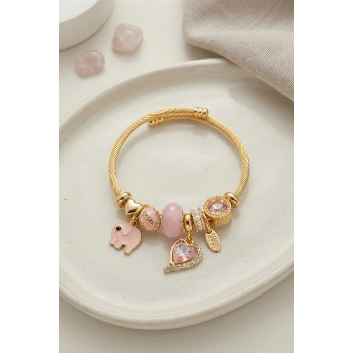 Kalp ve Fil Model Pembe Charmlı Bileklik TJ-BB8748