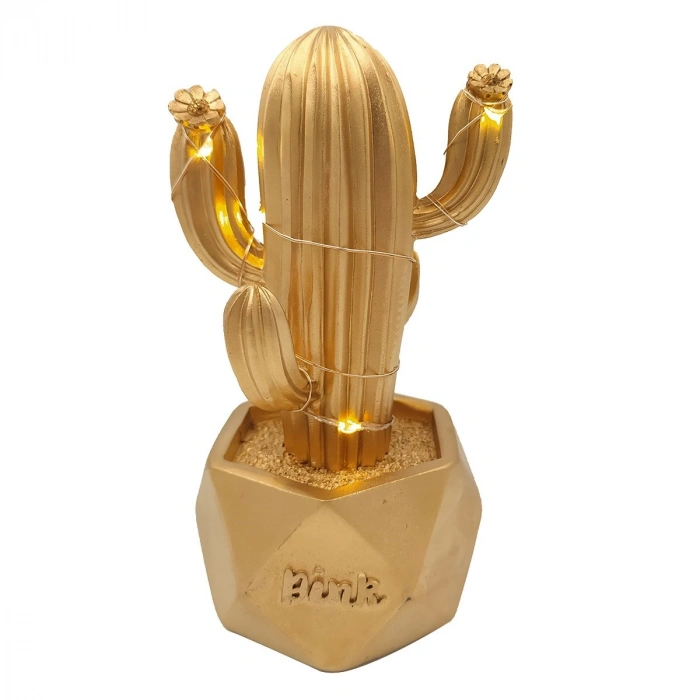 Gece Lambası LED Aydınlatmalı Kaktüs Dekor Amaçlı Masa Lambası Küçük Boy Biblo Gold