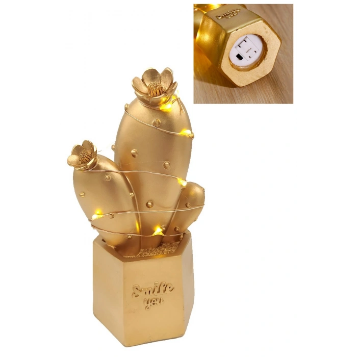 Gece Lambası LED Aydınlatmalı Kaktüs Dekor Amaçlı Masa Lambası Küçük Boy Biblo Gold