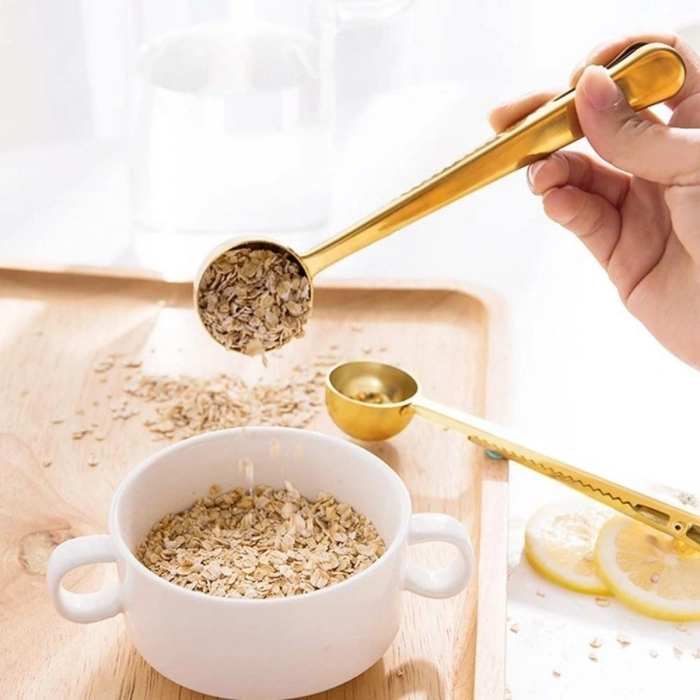 Paslanmaz Çelik Kaşık Mandallı Kahve Ölçü Kaşığı Çok Fonksiyonlu Gold